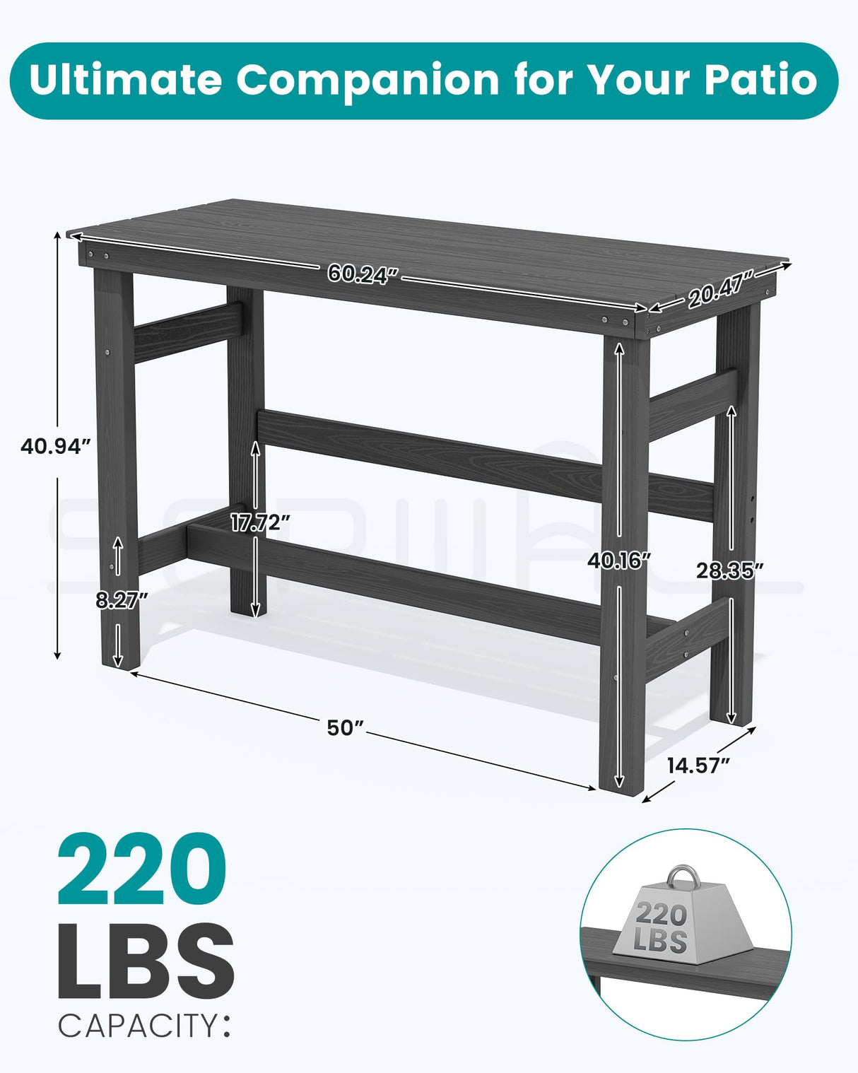SERWALL 41" Outdoor Bar Table, All Weather HDPE Patio Bar Counter Height Table, Rectangle Patio Bar Table for Outside, Garden, Backyard, Balcony, Poolside, Grey SERWALL
