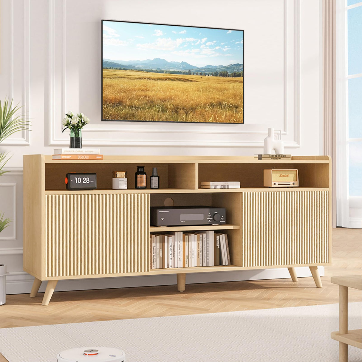Jocoevol Fluted TV Stand for 65 Inch Boho Entertainment Center With Storage, Wood Media Console Cabinet With Shelves and Doors, Living Room Furniture for Bedroom, Natural Oak Jocoevol