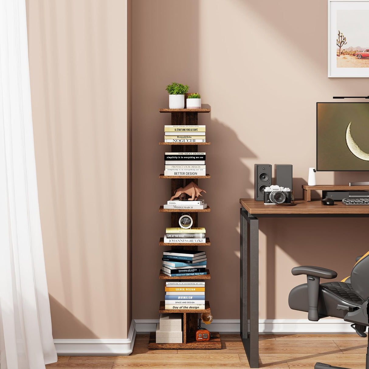 TUTOTAK Vertical Bookshelf, 8-Tier Bookcase, Narrow Spine Book Shelf for Small Space, Corner Standing Shelf for Living Room, Office, Study, Entryway, Rustic Brown BS06BB008 TUTOTAK