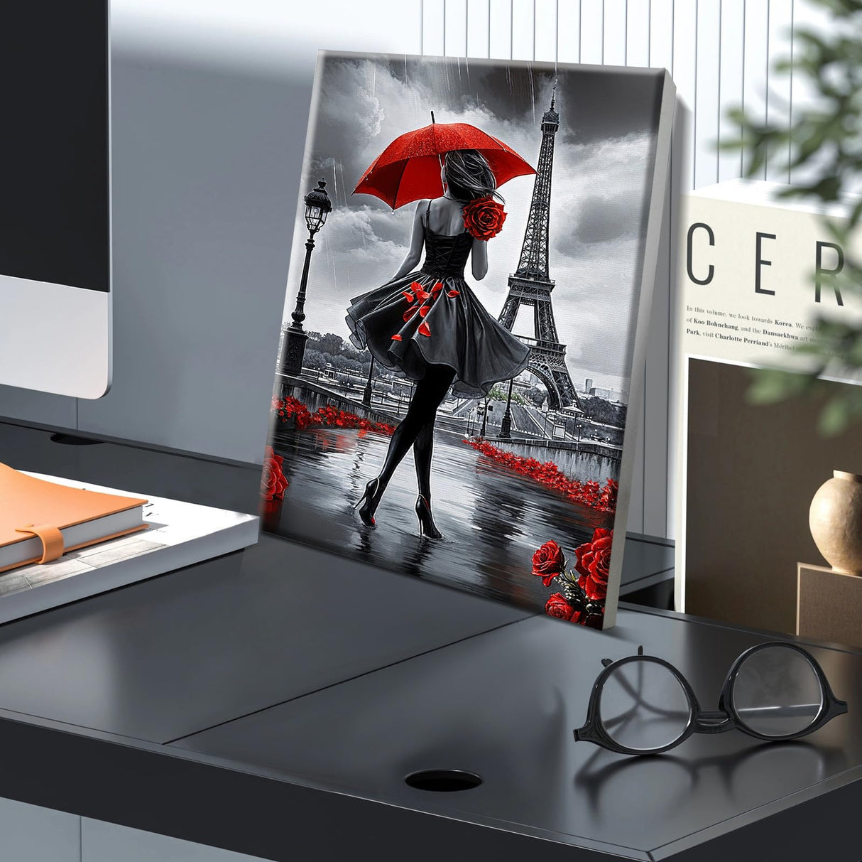 JOOZ Paint by Numbers Kit for Adults with Frame, Eiffel Tower Paint by Number with Easel, DIY Rose Woman Oil Painting by Numbers with Red Umbrella, Adult Paint by Number Kits for Wall Decor 8x12 Inch JOOZ