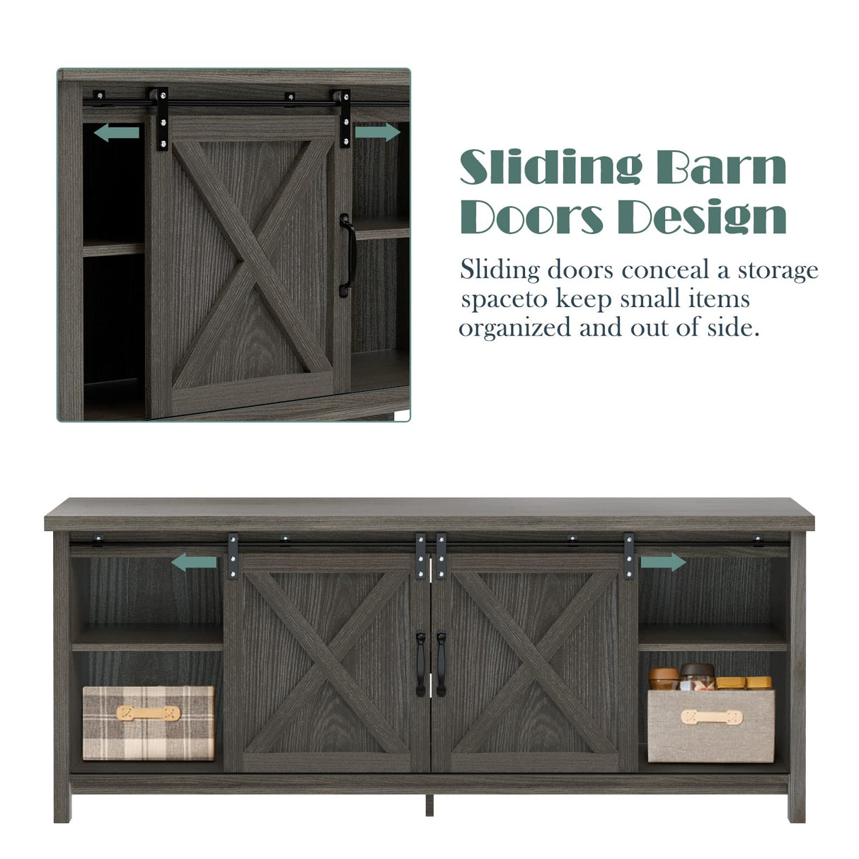 GAZHOME Modern Farmhouse TV Stand with Sliding Barn Doors, Media Entertainment Center Console Table for TVs up to 65ā,2-Tier Large Storage Cabinets,Rustic TV Stand for Living Room Bedroom,Dark Grey GAZHOME