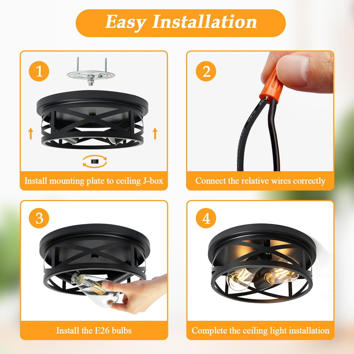 Elekeed 2-Light Flush Mount Ceiling Light Fixture, Farmhouse Ceiling Lights for Kitchen, Modern Black Close to Ceiling Light for Hallway Bedroom Balcony Porch Stairway, E26, (2 Pack) Elekeed