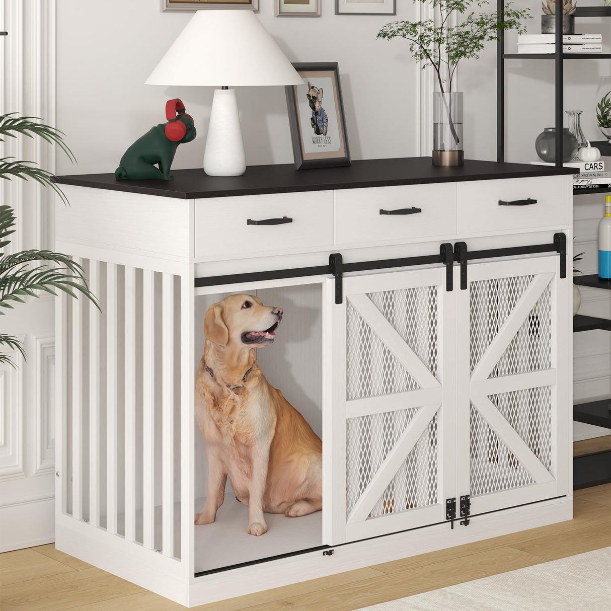 kepptory 48'' Dog Crate Furniture with Divider&Storage Drawers, Wooden Double Dog Kennel Furniture End Table with Sliding Barn Doors, White Double Dog Crate TV Stand kepptory