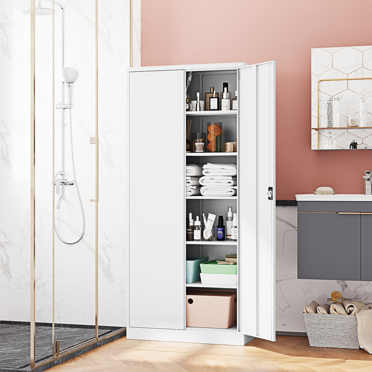 Fesbos Metal Storage Cabinet-72” Tall Steel File Cabinets with Lockable Doors and Adjustable Shelves-White Steel Storage Cabinet for Kitchen, Office, Garage Fesbos