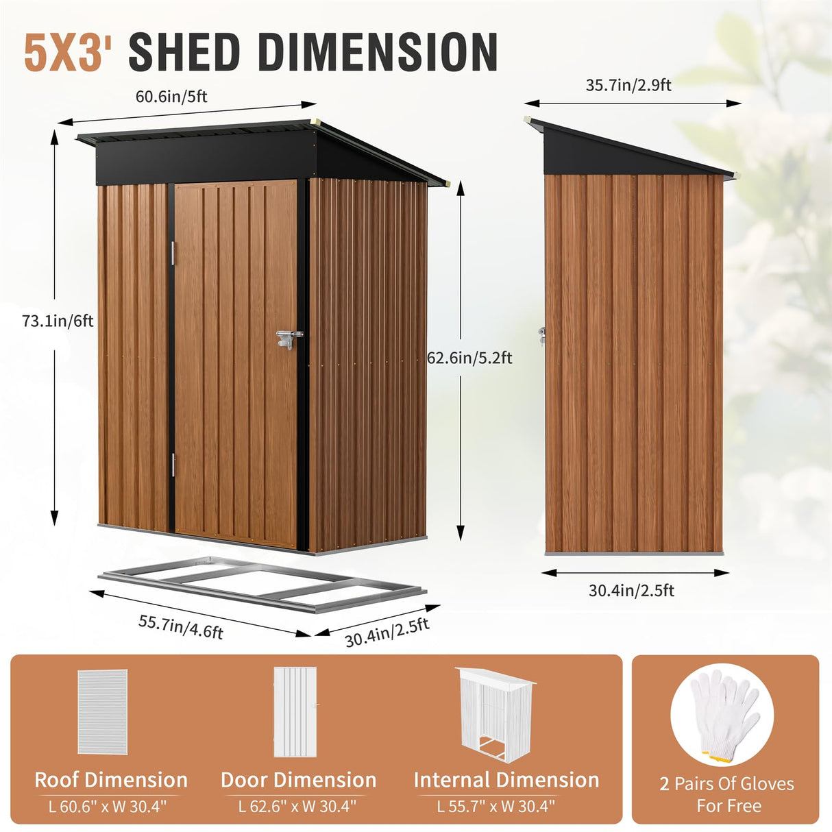 5x3 Ft Storage Shed, Outdoor Metal Shed with Floor Base& Lock, Small Lean to Shed, Compact Vertical Outside Bike Tiny House for Garden, Backyard, Patio, Tool Florise