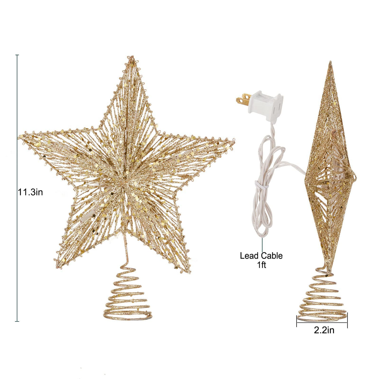 Christmas Star Tree Topper, Plug in 3D Star Tree Topper, 11”Golden Glittered Metal Hollow Designed Built-in 10 Bulbs String Lights for Christmas Tree Decorations Brightown