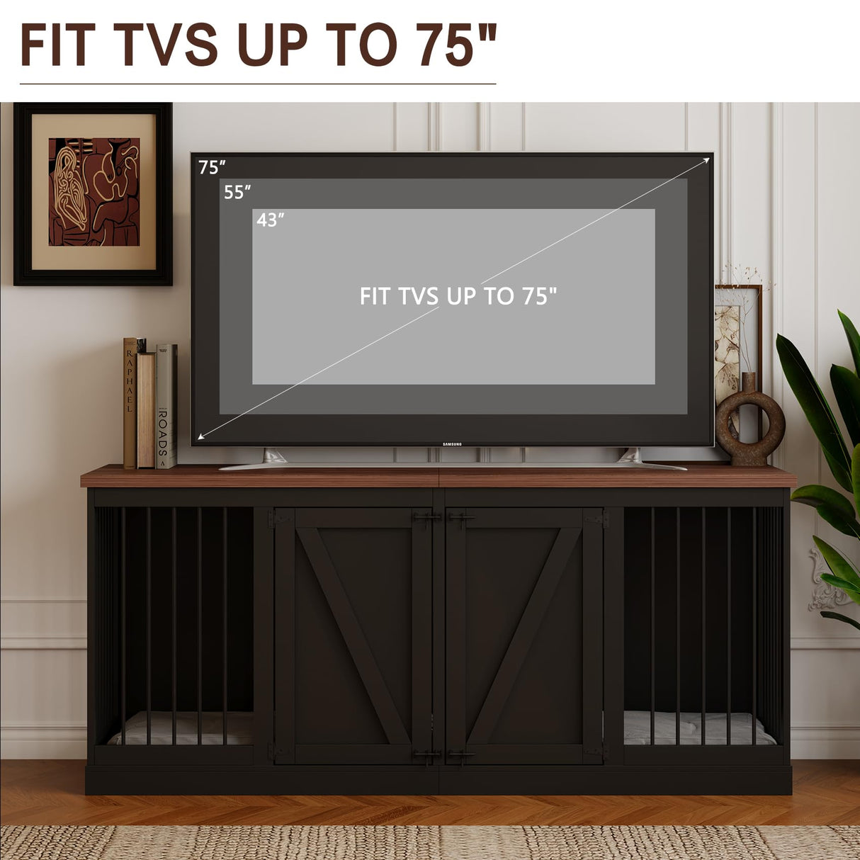 Dog Crate Furniture - Indoor Wooden Dog Kennel Furniture with Room Divider - 71"x23.6"x31.5"H, Black Faceket