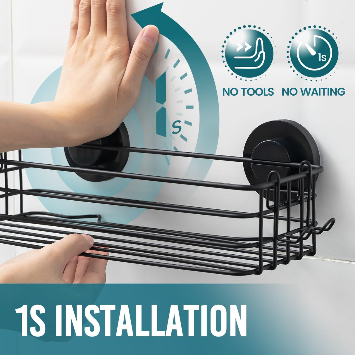 TAILI Shower Caddy Suction Cup 2 Pack with Hooks & Soap holder, Heavy Duty Shower Organizer for Bathroom, No Drilling Bathroom Organizer with Large Capacity, Black Metal Storage Basket TAILI