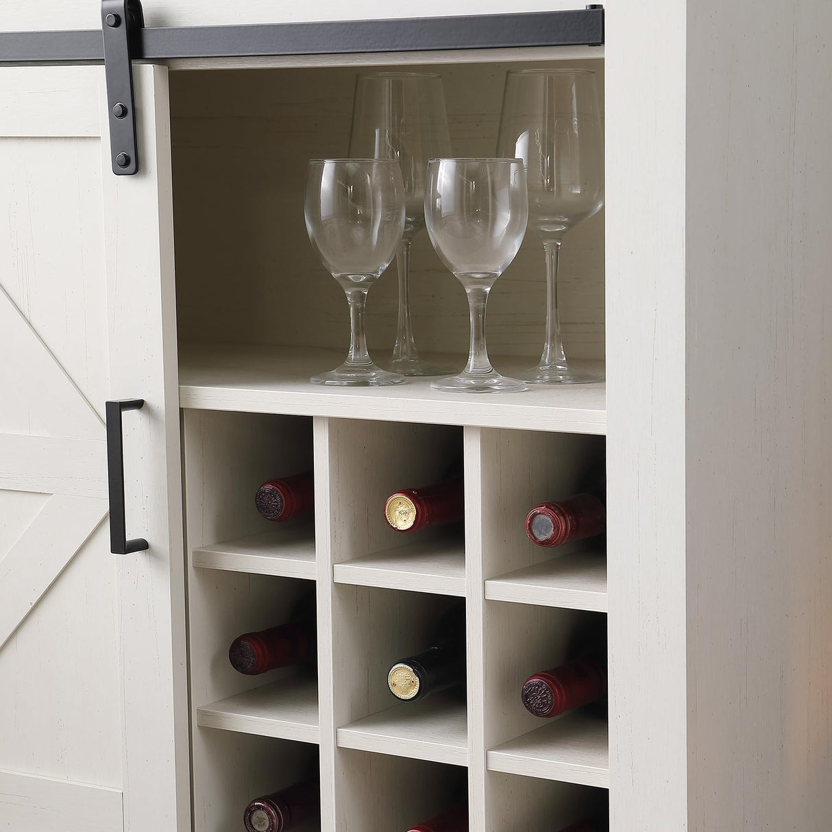 Kebuz House Farmhouse Wine Cabinet with Sliding Barn Door & Open Shelf, Liquor Cabinet with Rack for Inside Cabine,Buffet Table for Dining Room, Kitchen,Off White Kebuz House