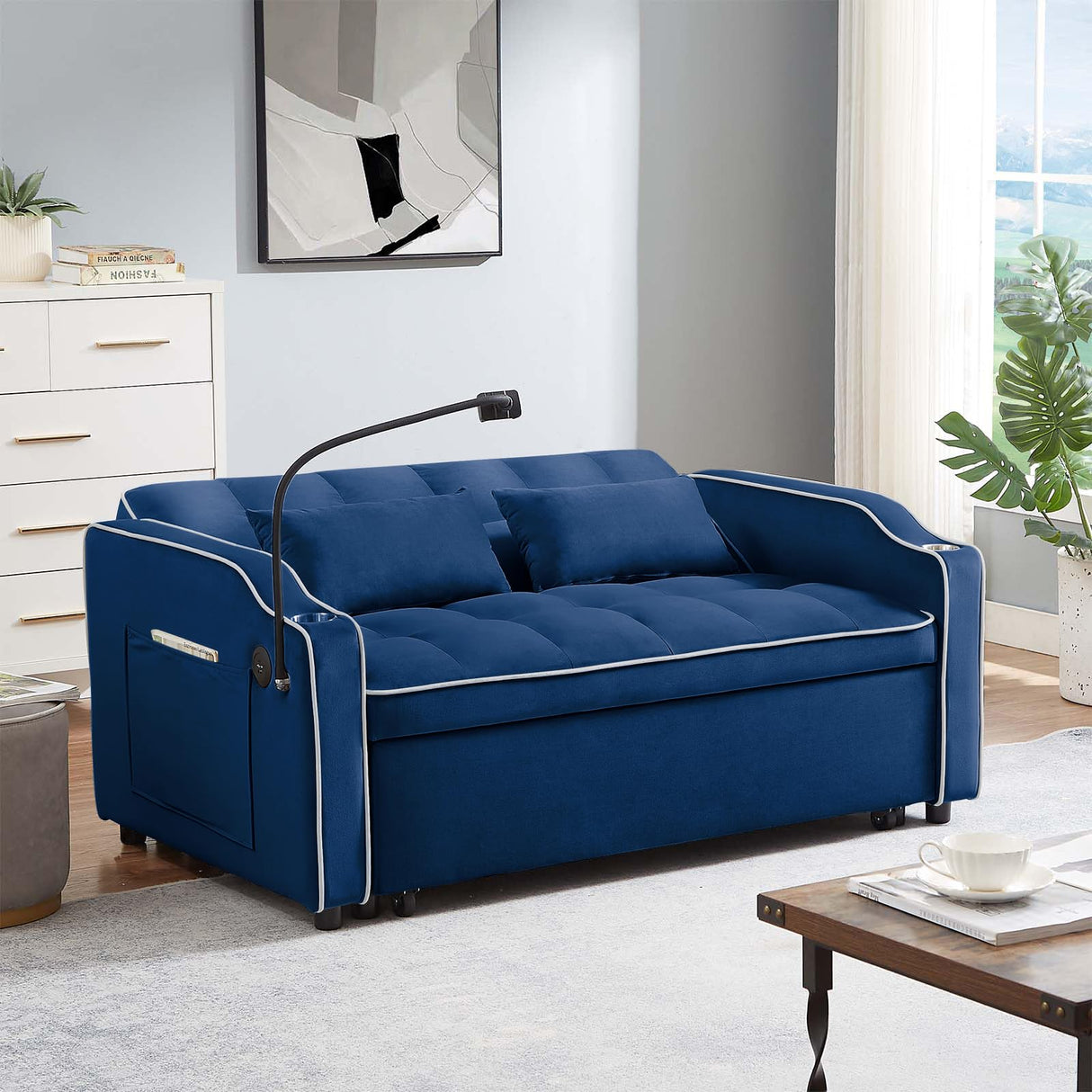 JEEOEHY 3 in 1 Convertible Sleeper Sofa Bed,Velvet Pull Out Couch Bed w USB&Type C Port,Comfy Futon Loveseat w Adjustable Backrest&Phone Stand&Cup Holder for Living Room Apartment Small Space(Blue) JEEOHEY