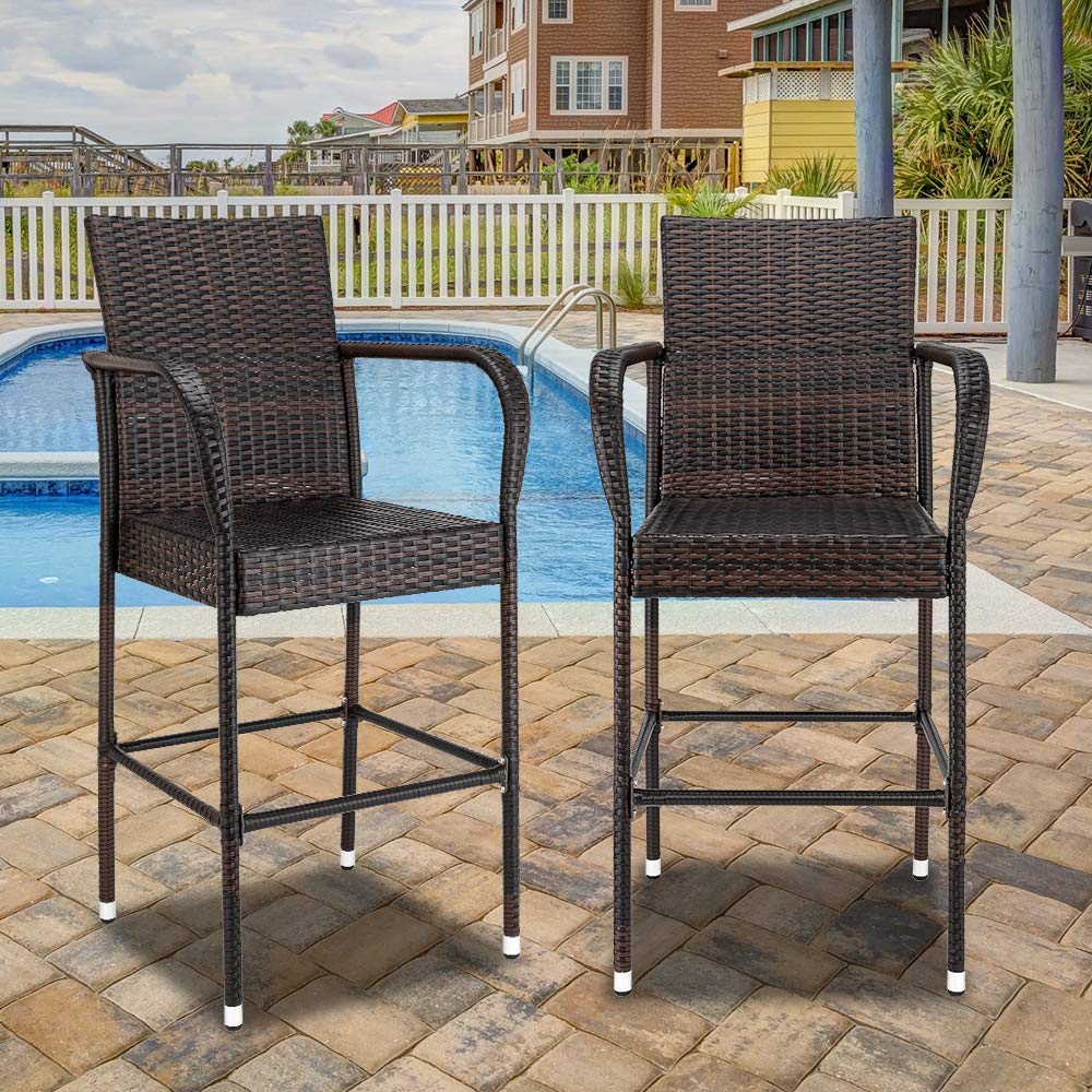 VINGLI Wicker Bar Stools Outdoor Set of 2, Outdoor Bar Height Chairs, Patio Furniture Bar Stools Wicker for Garden Pool Lawn Backyard VINGLI