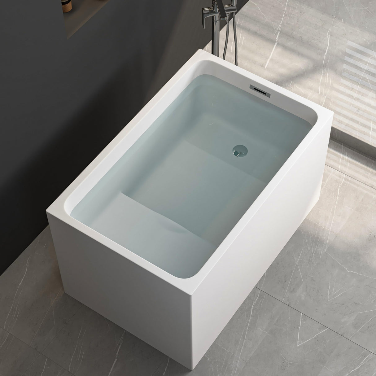43" Acrylic Freestanding Bathtub with Seat, Japanese Soaking Tub Spacious Rectangular Shape, Modern Soaking Bathtub, Gloss White Finish, Chrome Slotted Overflow & Pop-Up Drain Runave
