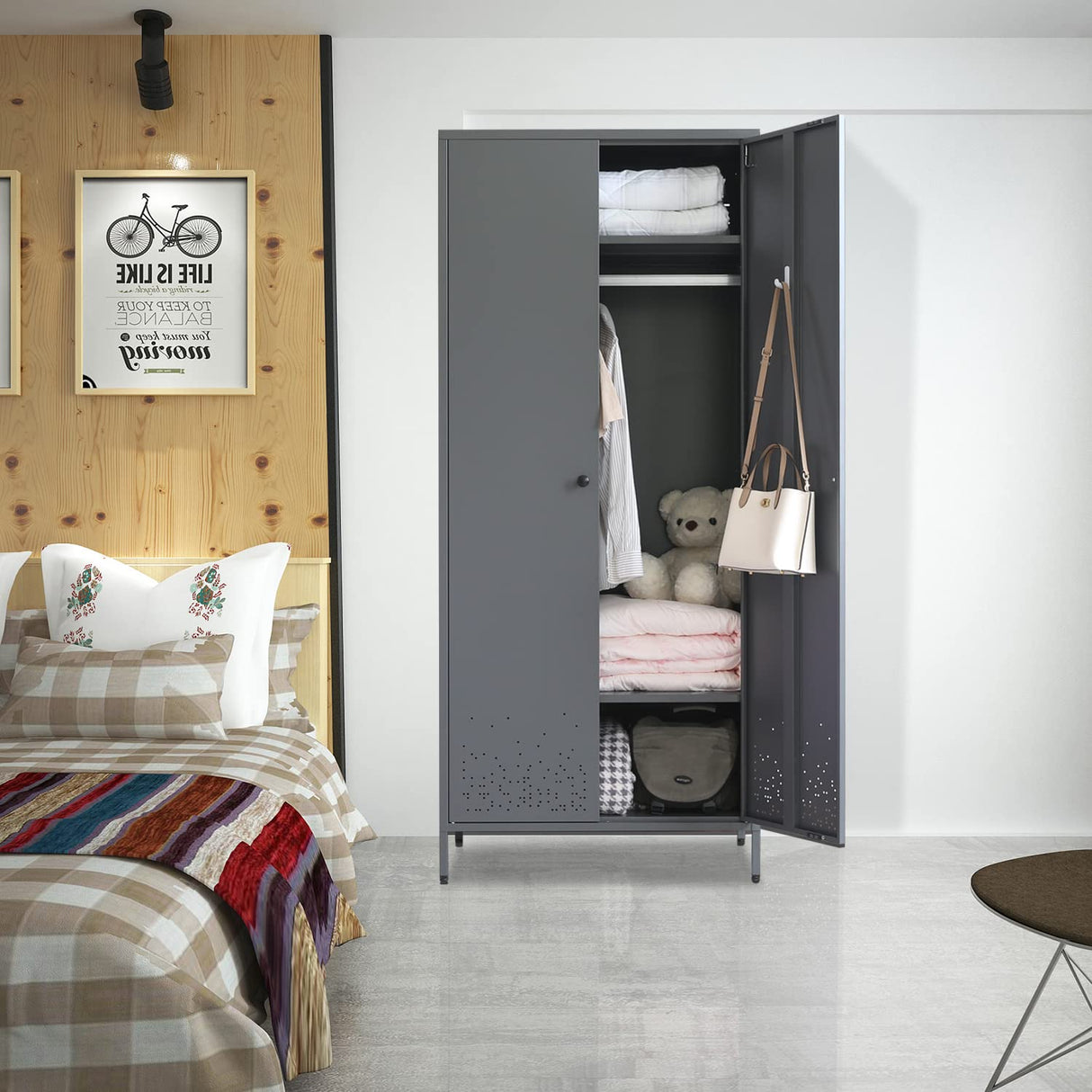 BESFUR Bedroom Armoires, Metal Wardrobe Armoire Closet with Hanging Rod, Adjustable Shelves, 20" D x 31.5" W x 74" H - Charcoal Grey BESFUR
