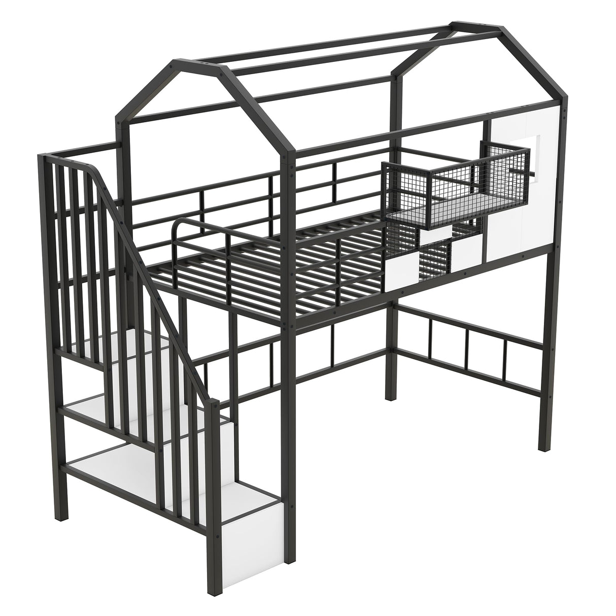 Bellemave Twin Loft Bed with Storage Stairs, Roof, Window and Guardrail, House Loft Bed Twin Size/Metal Loft Bed with Storage Box, Twin Loft Bed for Kids, Girls Boys, Twin Size House Loft Bed Black Bellemave