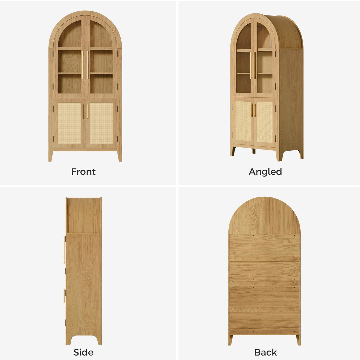 TRUNBACK 63" Arched Storage Cabinet, 5-Tier Modern Farmhouse Kitchen Pantry Cabinet with Glass & Rattan Doors, Adjustable Shelf for Living Room, Dining Room, or Office, Oak TRUNBACK