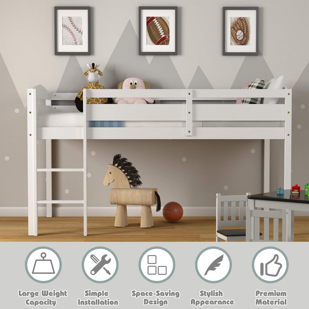 Costzon Twin Loft Bed, Solid Wood Low Loft Bed w/Guard Rail and Ladder, Boys & Girls Twin Bed for Kids Room, No Box Spring Needed, Classic Children Low Loft Bed with Storage for Bedroom, White Costzon