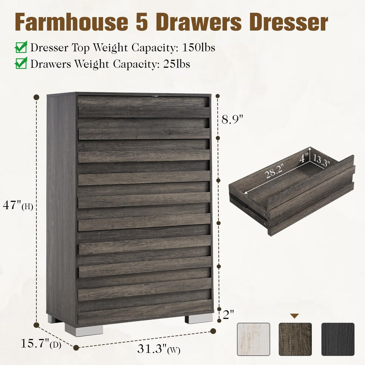 Albott Farmhouse 5 Drawers Dresser, Wood Rustic Chest of Drawers for Bedroom, Tall Dressers Organizer with Hidden Handles for Living Room, Hallway, Entryway, Rustic Grey Albott