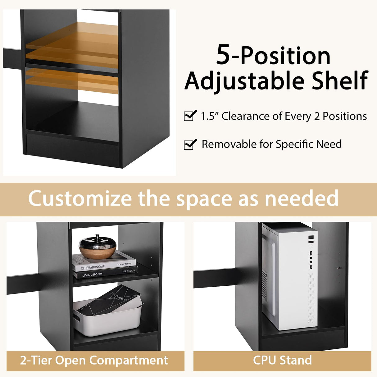 Tangkula Black Desk with Drawer, Wooden Computer Desk with Pull-Out Keyboard Tray & Adjustable Storage Shelves, Modern Laptop PC Desk with CPU Stand, Writing Study Desk for Bedroom (Black) Tangkula