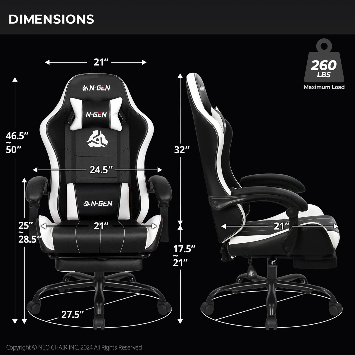 N-GEN Video Gaming Chair with Footrest High Back Ergonomic Comfortable Office Computer Desk with Lumbar Support Height Adjustable with PU Leather Recliner for Adults Women Men (White) NEO CHAIR