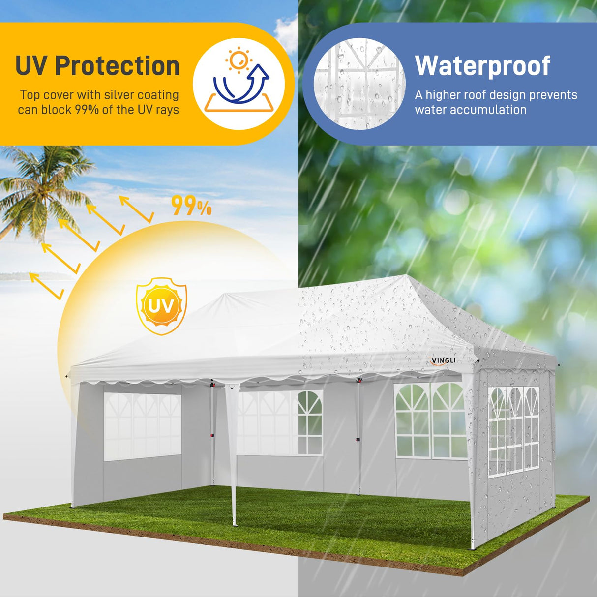 VINGLI 10x20 Pop Up Canopy Tent with Sidewalls, Commercial Outdoor Canopy Tent Pop Up Gazebo Party Tent Wedding Tents with Sandbags & Rolling Bag VINGLI