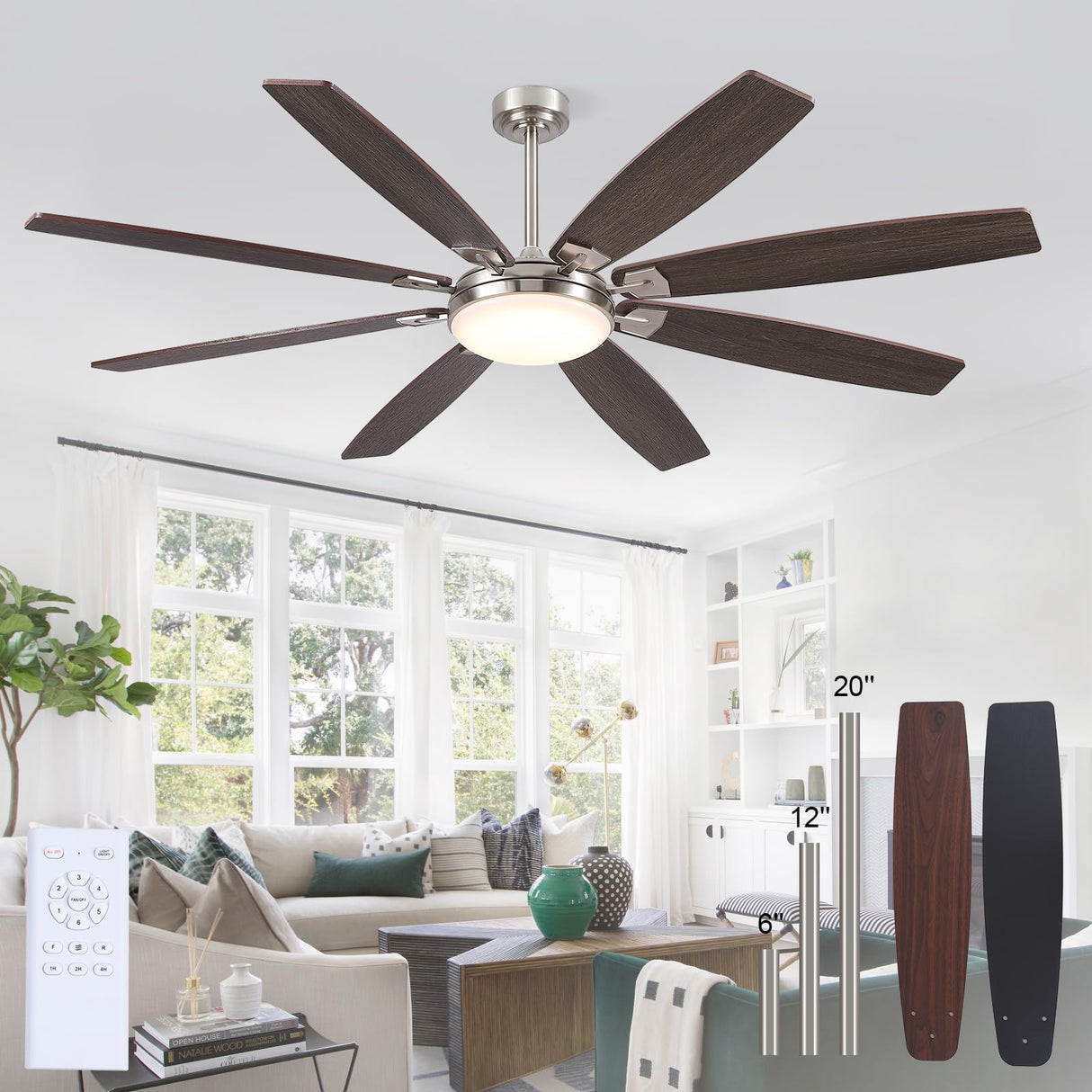 MADSHNE 72 Inch Large Ceiling Fans with Lights and Remote, Outdoor Ceiling Fan with Lights for Patio, Industrial Commercial Ceiling Fan with 6-Speed Reversible DC Motor, 3 CCT,Sand Nickel MADSHNE
