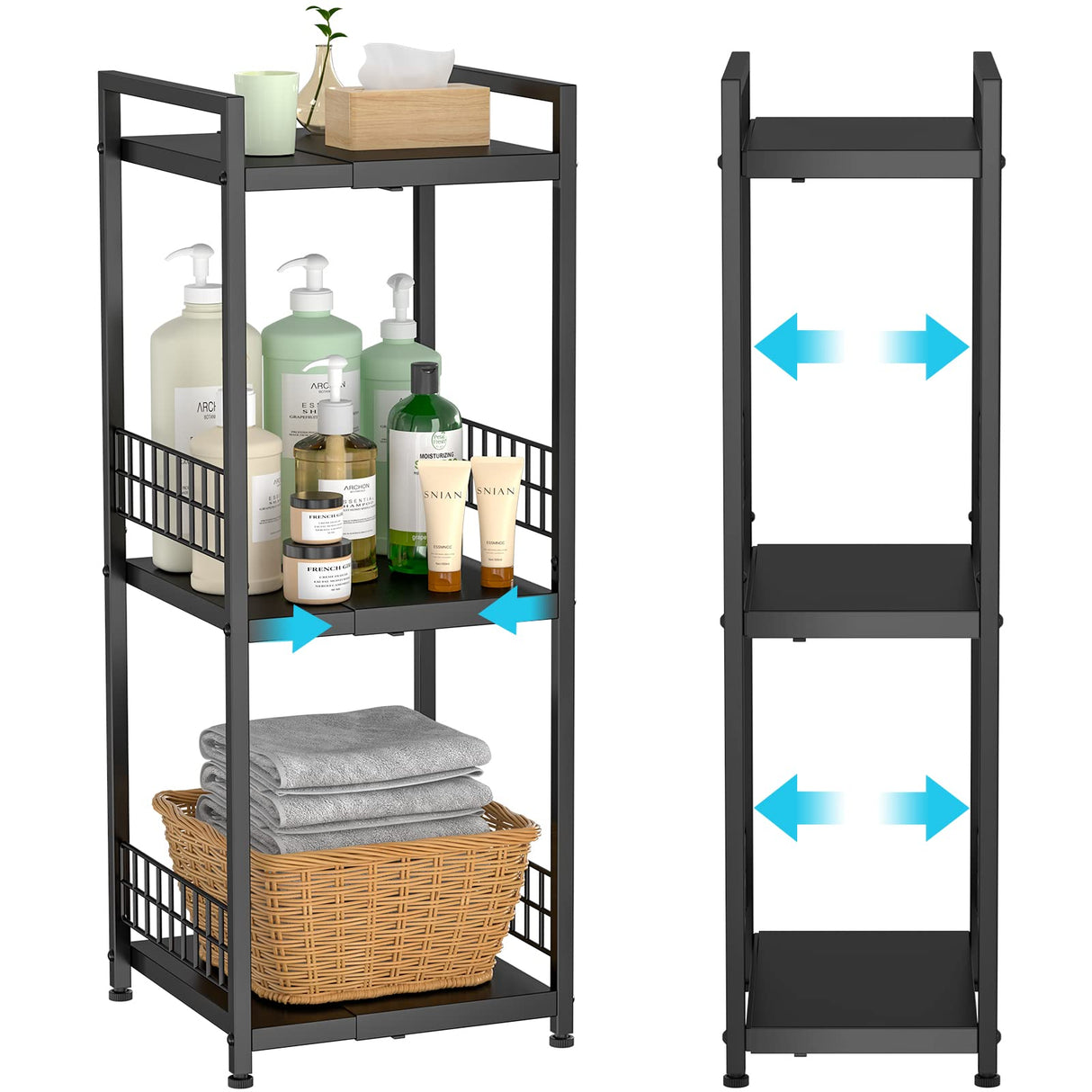 DAOUTIME 3-Tier Metal Shelving Unit, Expandable, Free-Standing, Narrow, Open Floor Shelves, Ideal for Bathroom, Kitchen, Laundry, Storage, Organization DAOUTIME