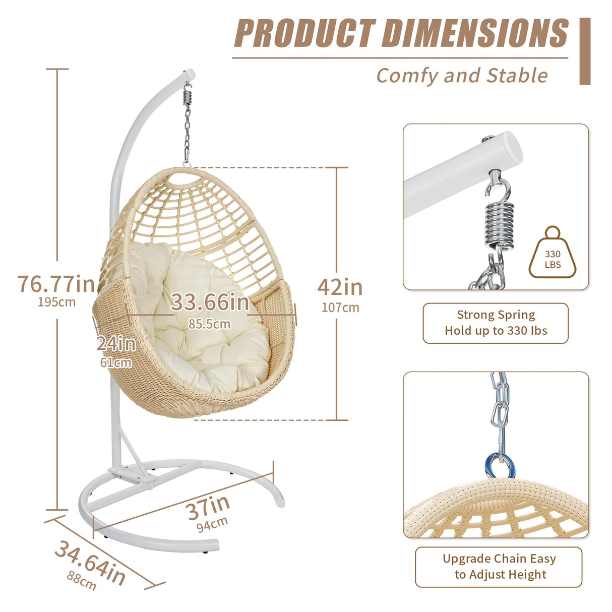 TWT Egg Chair Indoor Outdoor Patio Wicker Hanging Egg Chair Swing Egg Basket Chairs with Stand UV Resistant Cushions 350lbs Capacity for Patio Bedroom Balcony Xmas Gift Beige TWT