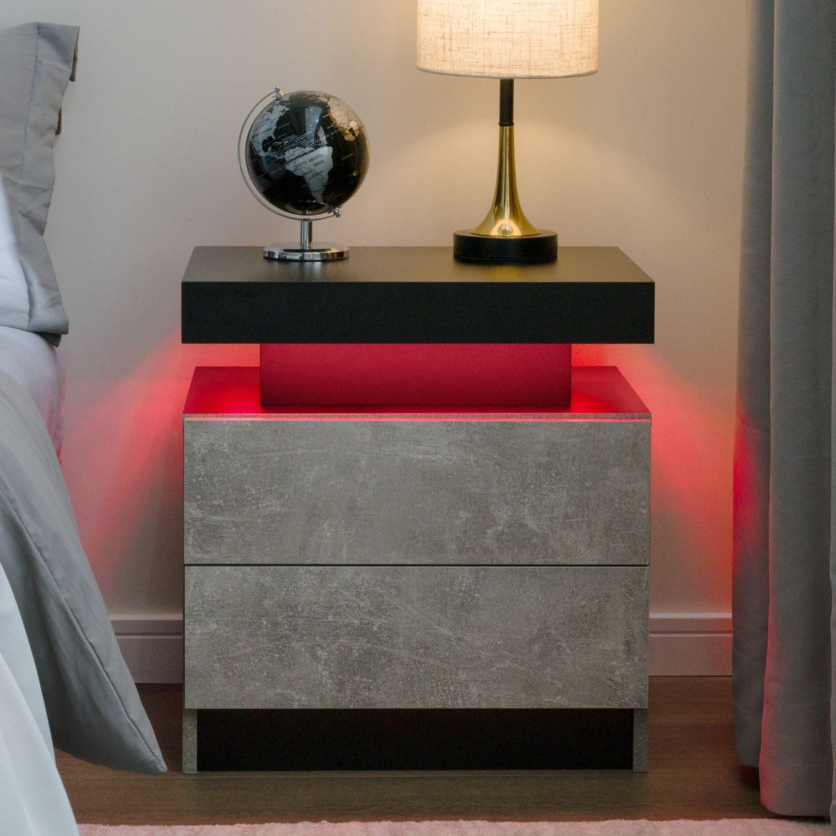 LED Nightstand Bedside Drawer Led Cabinet LED Lights Modern End Side Table with 2 Drawers for Bedroom Grey Generic