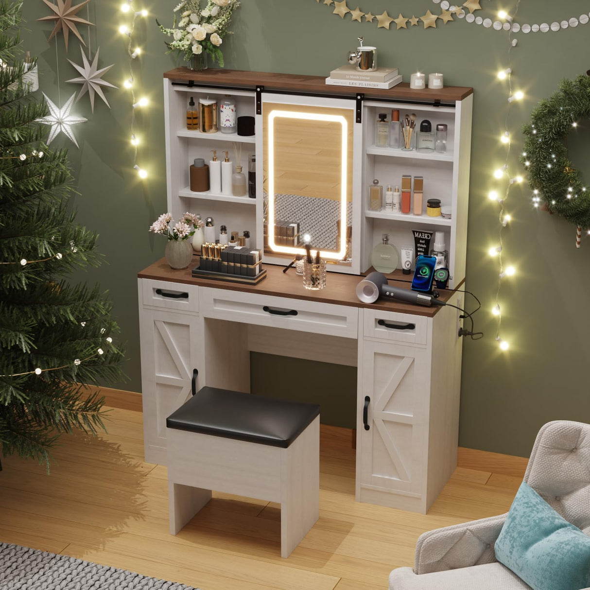43" Farmhouse Makeup Vanity Desk with Lights and Chair, Vanity Table with Sliding Mirror and Power Strips, 3 Drawers & 2 Cabinets, Open & Hidden Shelves, Stool Included, White Dressing Table amzzar