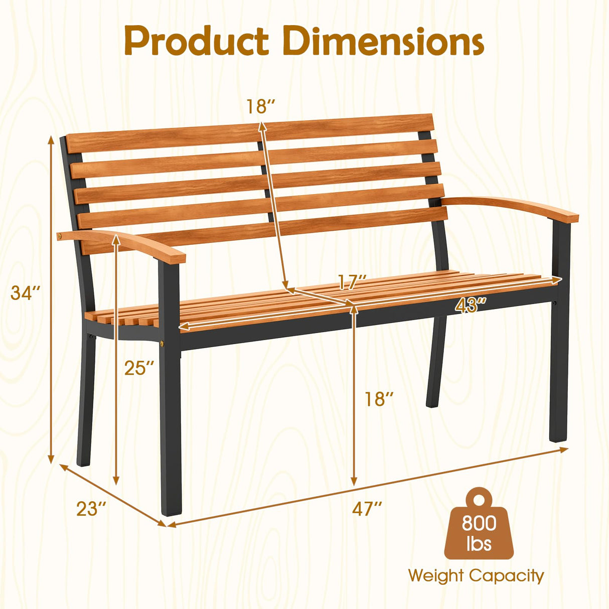 Giantex Outdoor Bench, Acacia Wood Patio Loveseat with Slatted Backrest & Seat, Armrests, Heavy Duty Metal Frame, 800 lbs Capacity, 2-Person Garden Bench for Lawn, Porch, Yard and Park Giantex