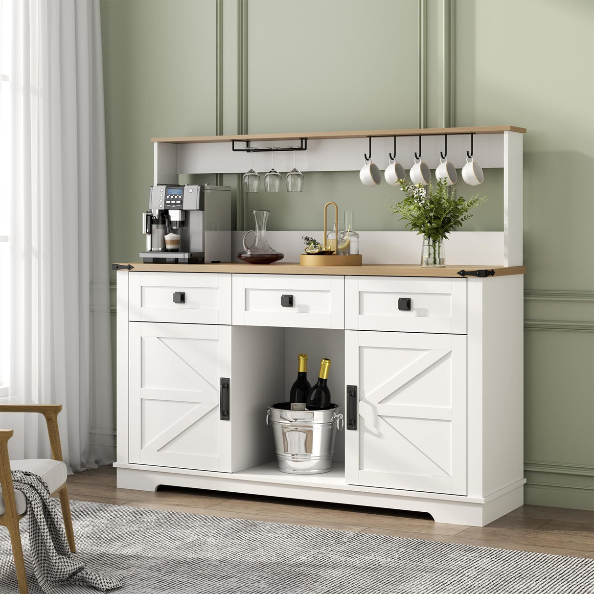 Gyfimoie Farmhouse Bar Cabinet with Hutch, Kitchen Buffet Cabinet with Storage Cabinet & 3 Sliding Drawers, Adjustable Shelf, Goblet Holder, Cup Hooks for Living Room, Dining Room Use (White) Gyfimoie