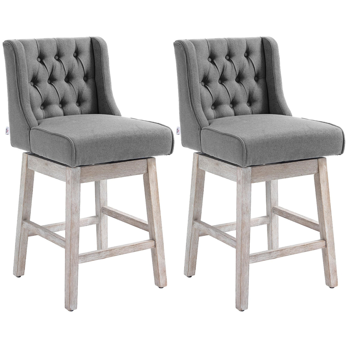 HOMCOM Counter Height Bar Stools Set of 2, 180 Degree Swivel Barstools, 27" Seat Height Bar Chairs with Solid Wood Footrests and Button Tufted Design, Gray HOMCOM