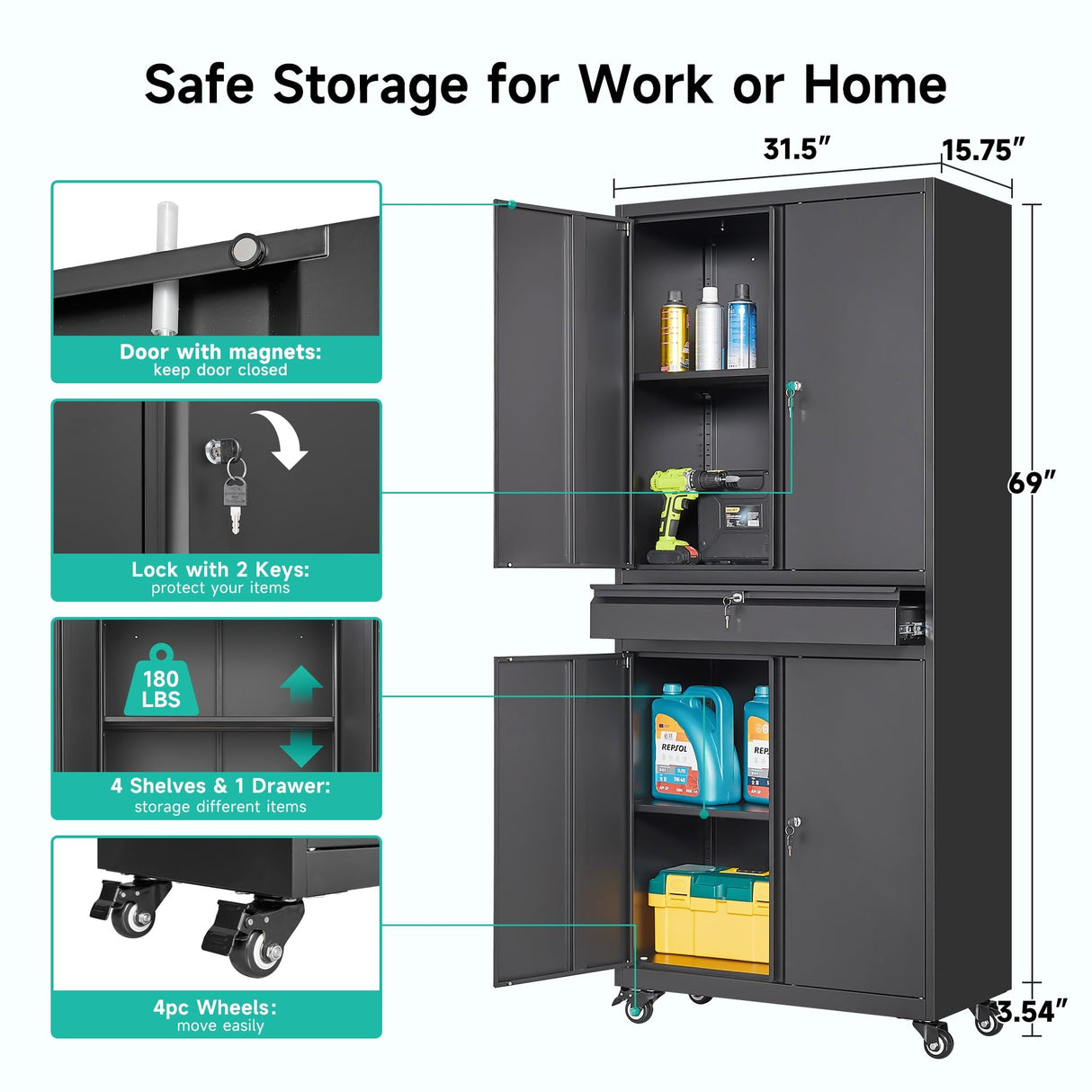 Metal Garage Storage Cabinet with Wheels and Drawer,73" Tall Black Rolling Garage Cabinet with Locking Doors and Adjustable Shelves,Mobile Metal Storage Cabinets on Wheels for Home,Office,Garages,Tool SISESOL