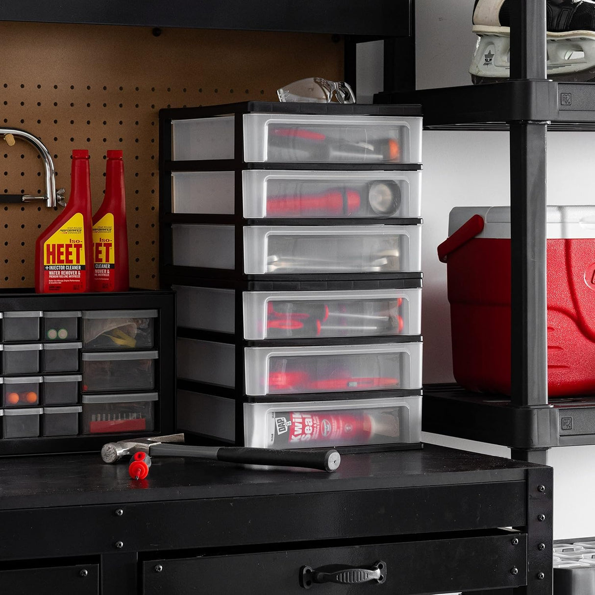 IRIS USA Plastic Stacking Desk Top 3-Drawer Storage Organizer, 2-Pack, for Makep Vanity Nail Polish Bathroom Stationery Art Craft Supplies Kitchen Office Garage and Small Organization, Medium, Black IRIS