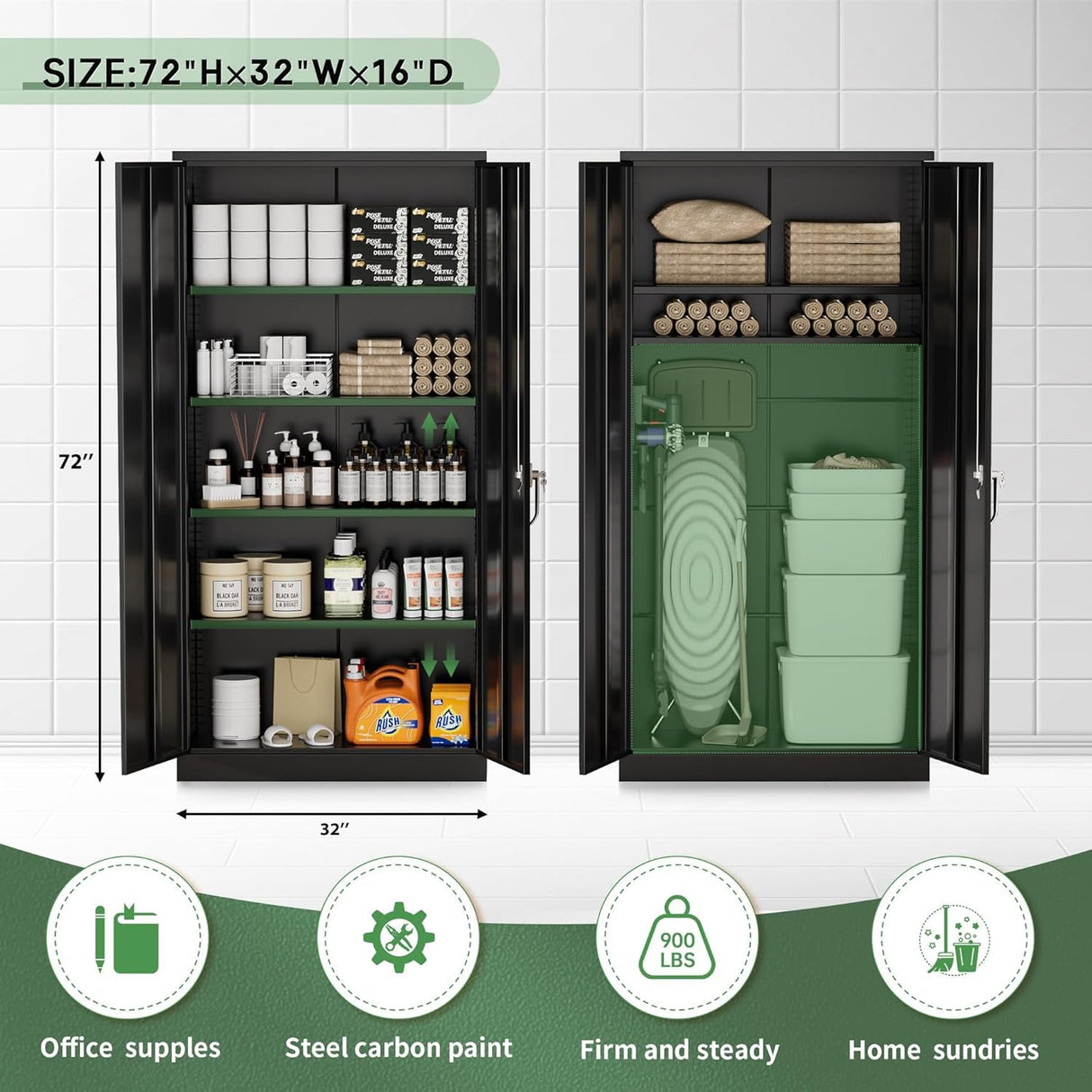 Greenvelly Metal Storage Cabinet with Lock,71" Steel Garage Storage Cabinet with 2 Doors and 4 Adjustable Shelves,Lockable File Cabinet, Metal Tool Cabinets for Office,Home,Garage,Gym,School (Black) Greenvelly