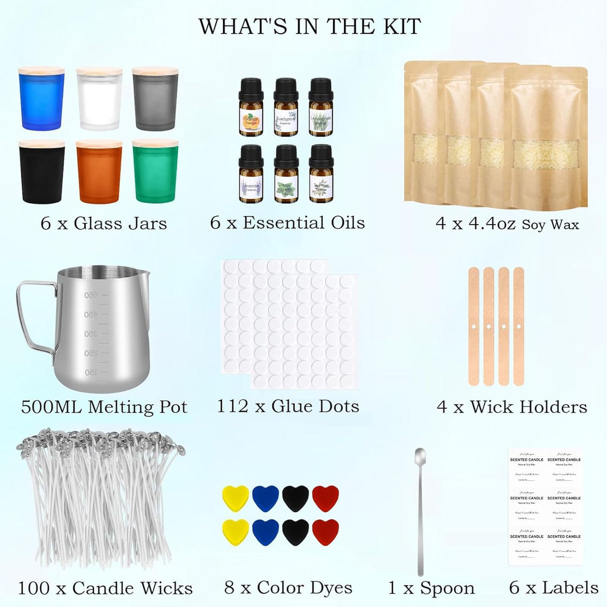 Candle Making Kit for Adult, Homemade DIY Candle Making Supplies Include Soy Wax, Wicks, Glass Candle Containers, Essential Oils, Dyes, DIY Arts & Crafts Gift for Kids, Beginners, Adults, Women KEARLGMBH