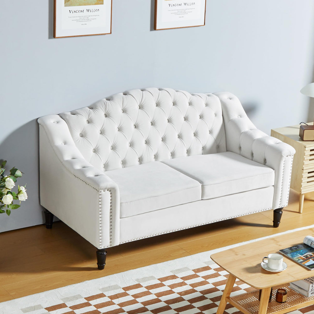 SUJOUCRAFT Chesterfield Camelback Chair & Loveseat, Living Room Soft Fabric Sofa Couch Set, Mid-Century Elegant Sectional Couches with Deep Seat Tufted Backrest (Velvet-Camelback-1+2, White) SUJOUCRAFT