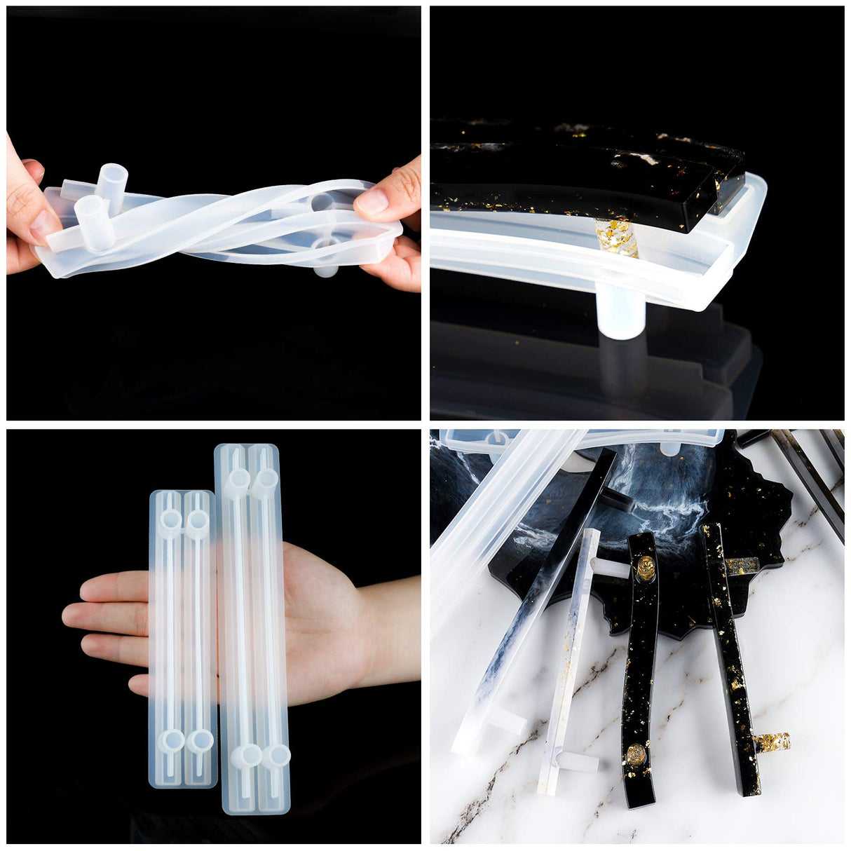 NiArt 4 Pairs Soft Silicone DIY Epoxy Resin Casting Molds, Curved Rectangle Wave + Straight Hexagon Cabinet Door Serving Tray Furniture Drawer Bar Pull Handles Agate Multipurpose Art Craft Decoration NiArt