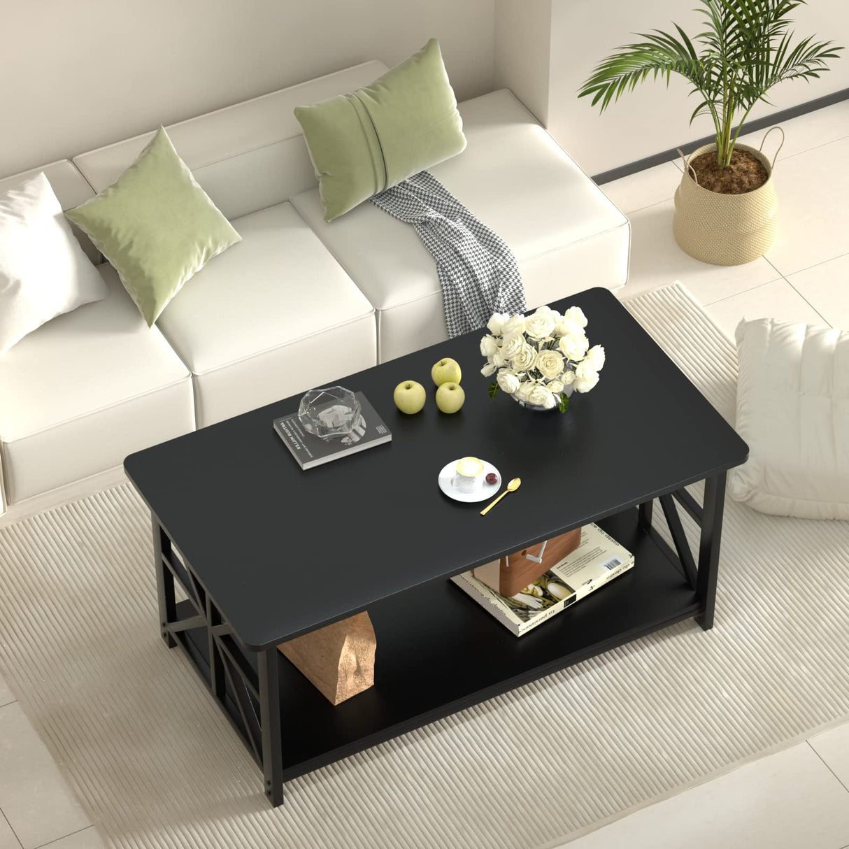 GreenForest Coffee Table with Round Corner, Farmhouse Center Table with 2-Tier Storage Shelf X-Frame Design for Living Room, 39 inch Black GreenForest
