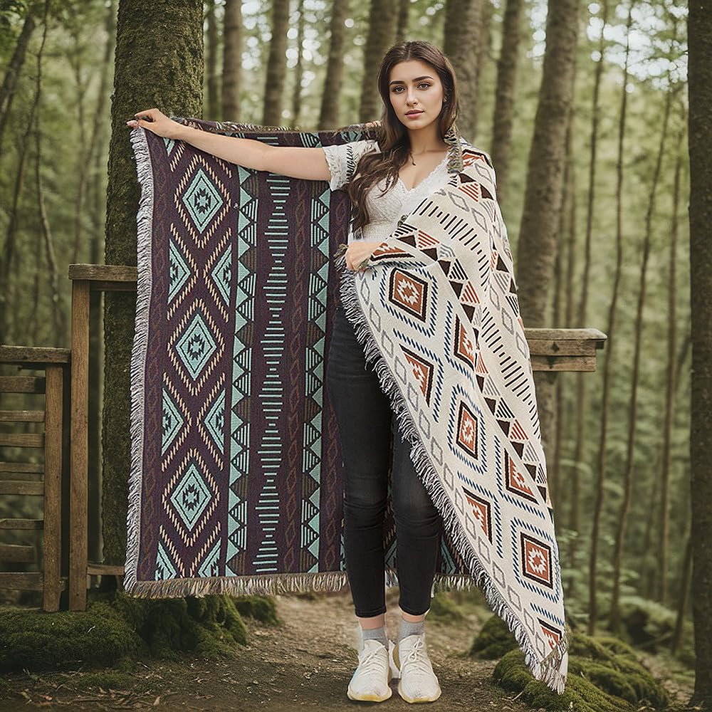 Lqprom Boho Throw Blankets Knit Bed Blankets with Tassel Aztec Western Throws Cover Christmas Decor for All Season Sofa Couch Chair Outdoor Camping Picnic Tent Beach Car Traveling 51"x63" Lqprom