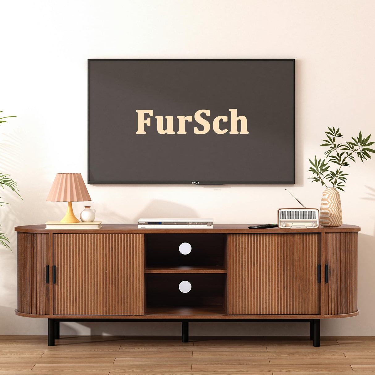 FurSch 62" Tambour Door TV Stand,Wood Mid Century Modern TV Cabinet for Up to 65“ TV,Curved Edge Long TV Stand with Storage for Bedroom Living Room (Walnut, 62.2inch) FurSch