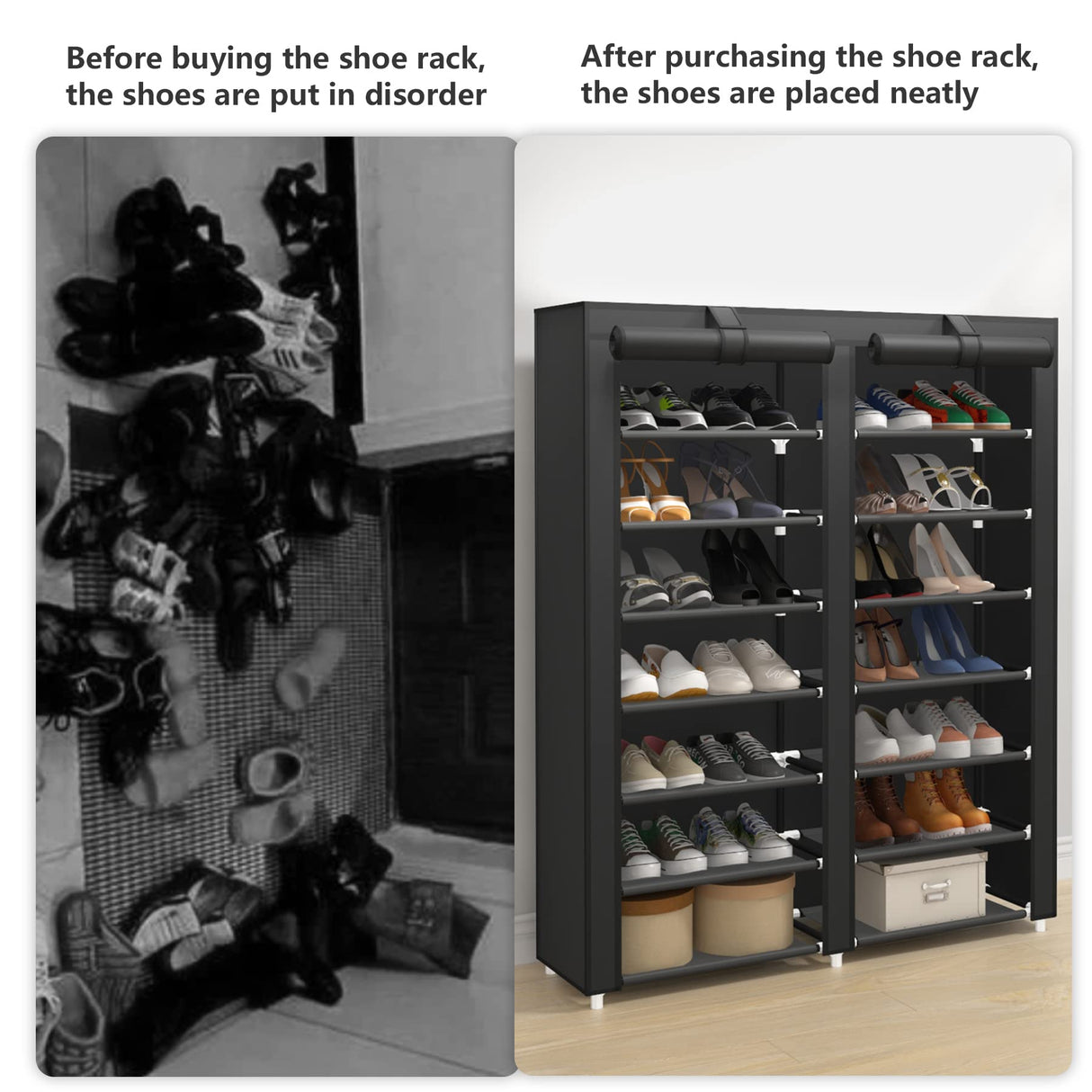 JIUYOTREE 7-Tier Shoe Storage Organizer with Dustproof Cover - Closet Cabinet Shelf Holds up to 28 Pairs - for Doorway, Corridor, Balcony, Living Room - Black JIUYOTREE