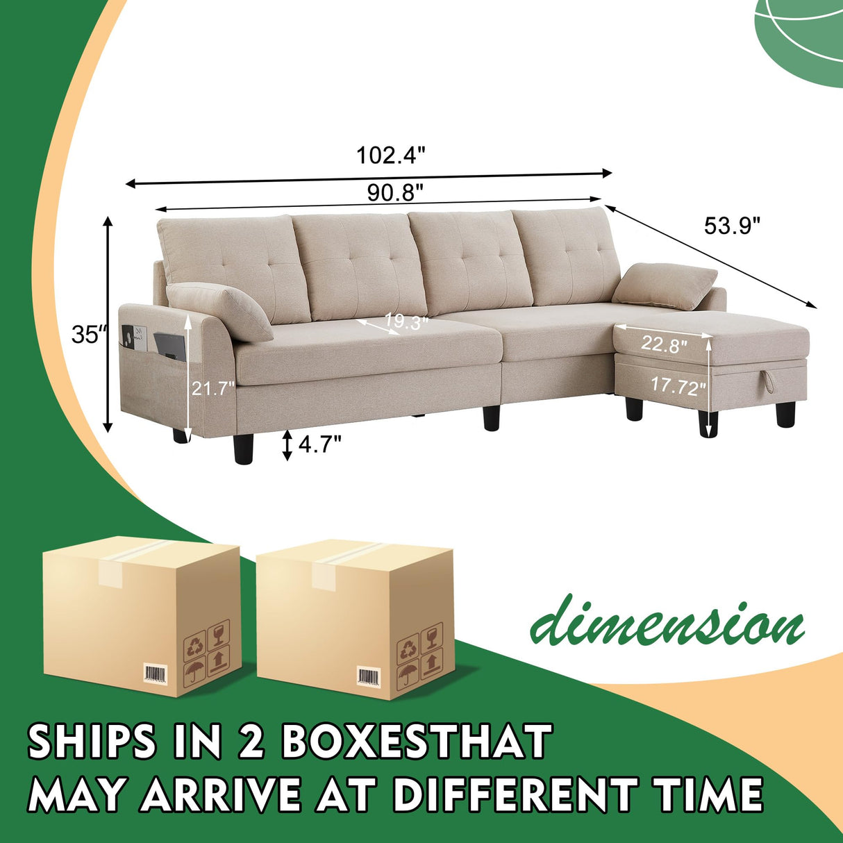 Chireca 102" Convertible Sectional Sofa, Modern L Shaped Couch with Storage Ottoman and Side Pockets, 4 Seater Sofa for Living Room Apartment, Beige Chireca