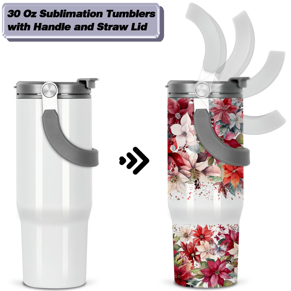 Tswofia 30 Oz Sublimation Tumblers, Sublimation Tumbler Blank with Portable Handle, Stainless Steel Sublimation Cup with Straw Leakproof Flip, Individually Boxed (2 Pack) Tswofia
