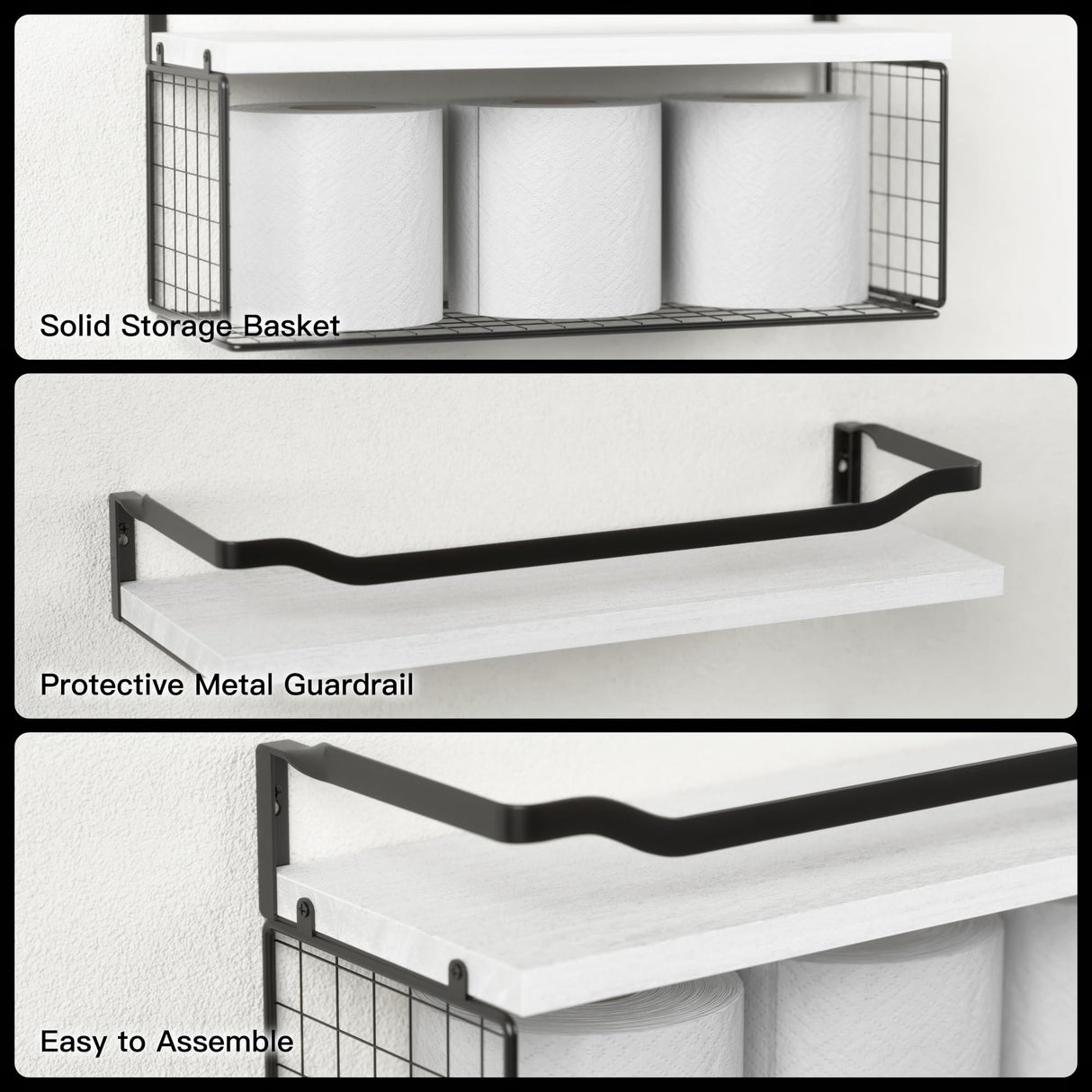 WOPITUES Floating Shelves with Wire Storage Basket, Bathroom Shelves Over Toilet with Protective Metal Guardrail, Wood Wall Shelves for Bathroom Organizers and Storage, Toilet Paper-White WOPITUES