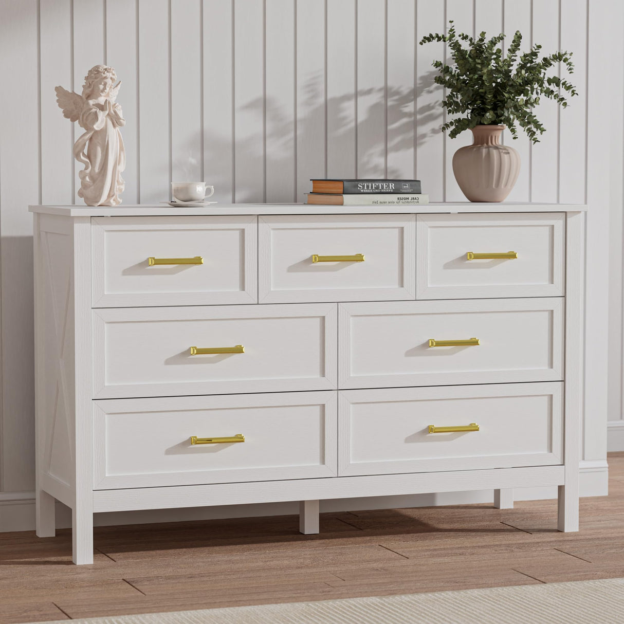 LYNSOM Farmhouse 7 Drawers Dresser for Bedroom, Wood Rustic Wide Chest of Drawers with Deep Drawers, Metal Handle, Storage Dressers Organizer for Entryway, Hallway, White LYNSOM