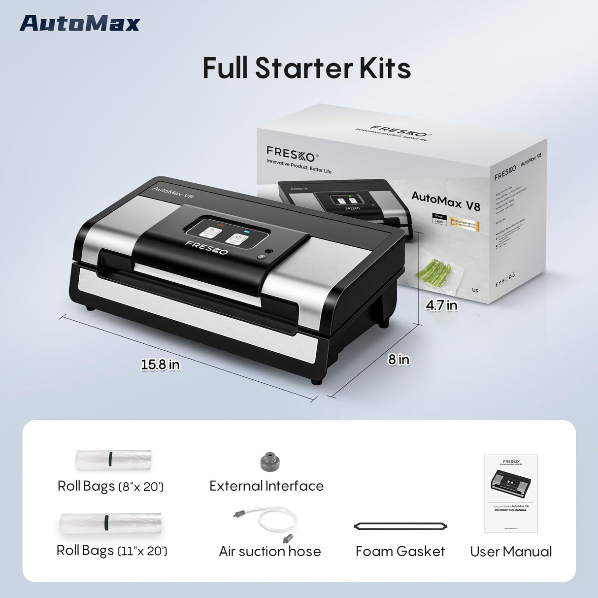 Fully Automatic Vacuum Sealer-Effortless Operation, 95Kpa Powerful Food Vacuum Sealer Machine with 2 Rolls Bags, Dry & Wet/Bag Cutter/External Vacuum, Silver Black FRESKO