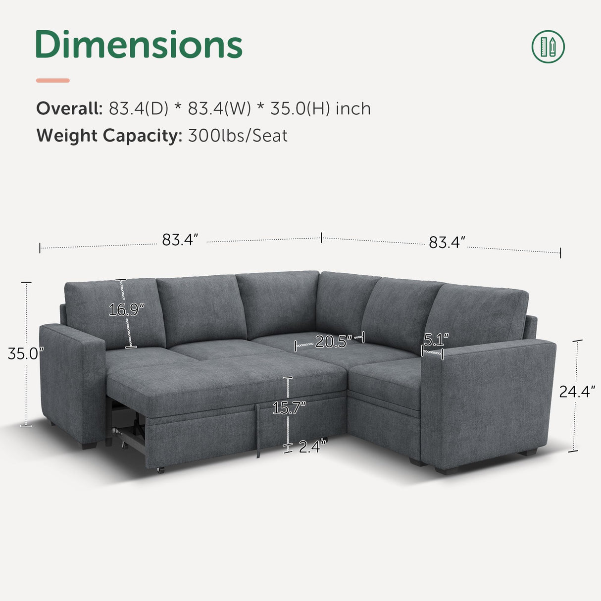 HONBAY Modular Sectional Sleeper Sofa with Pull Out Bed, Chenille L Shaped Couch with Storage Seats, Convertible Sectional Couches for Living Room, Bluish Grey HONBAY