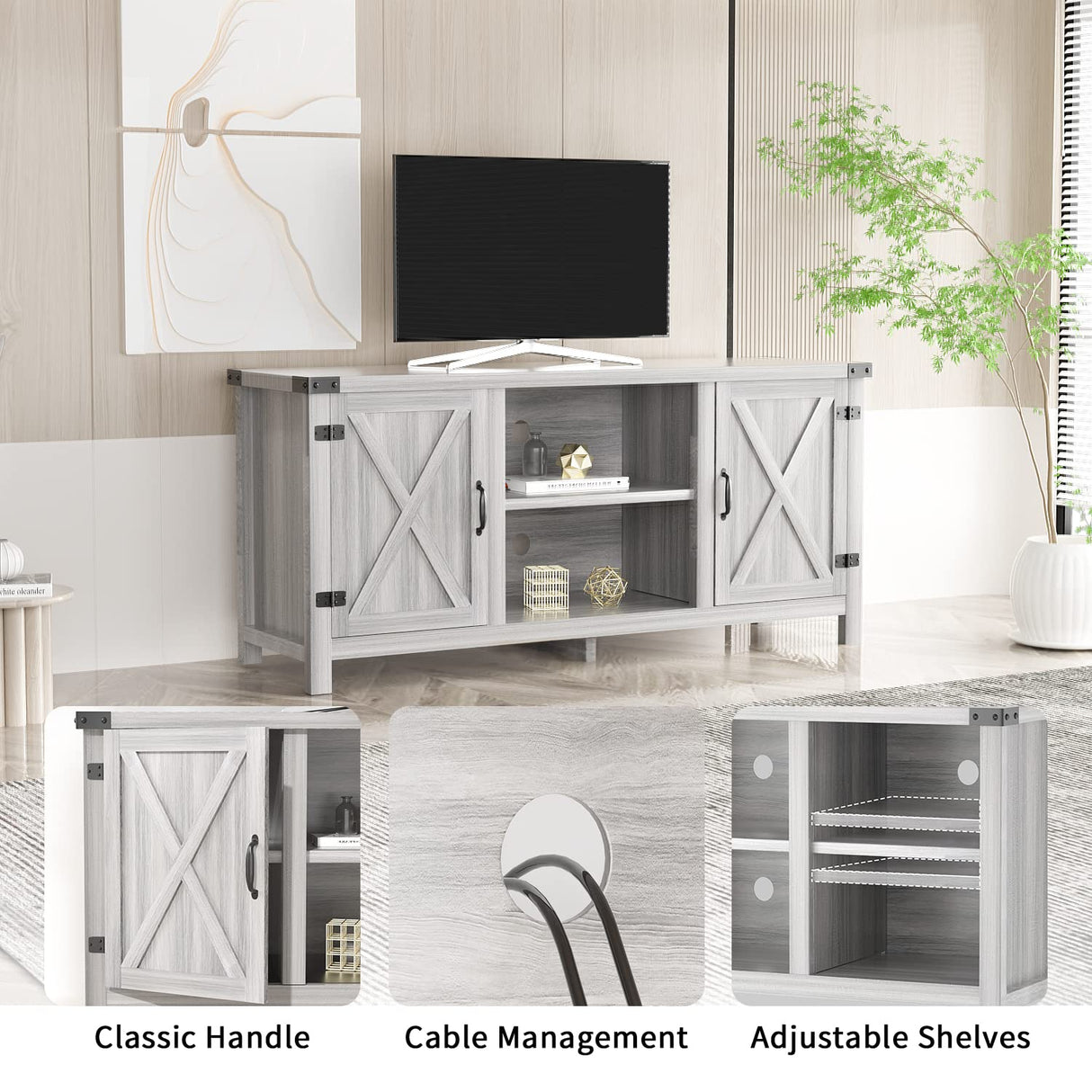 JUMMICO TV Stand for 65 Inch TV Farmhouse Entertainment Center with Double Barn Doors and Storage Cabinets, Console TV Table Media for Living Room, Bedroom (Grey, Without Fireplace) JUMMICO