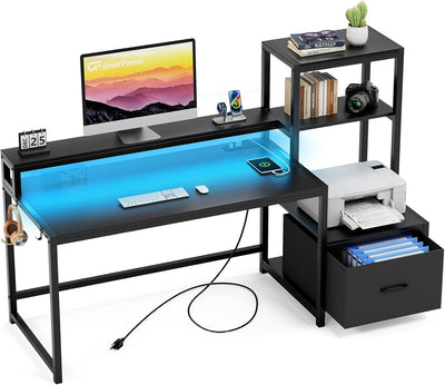 GreenForest Office Desk with Power Outlets and Printer Shelf, 59 inch Computer Desk with LED and Drawer, Reversible Gaming Desk with Storage for Home Study Working,Black